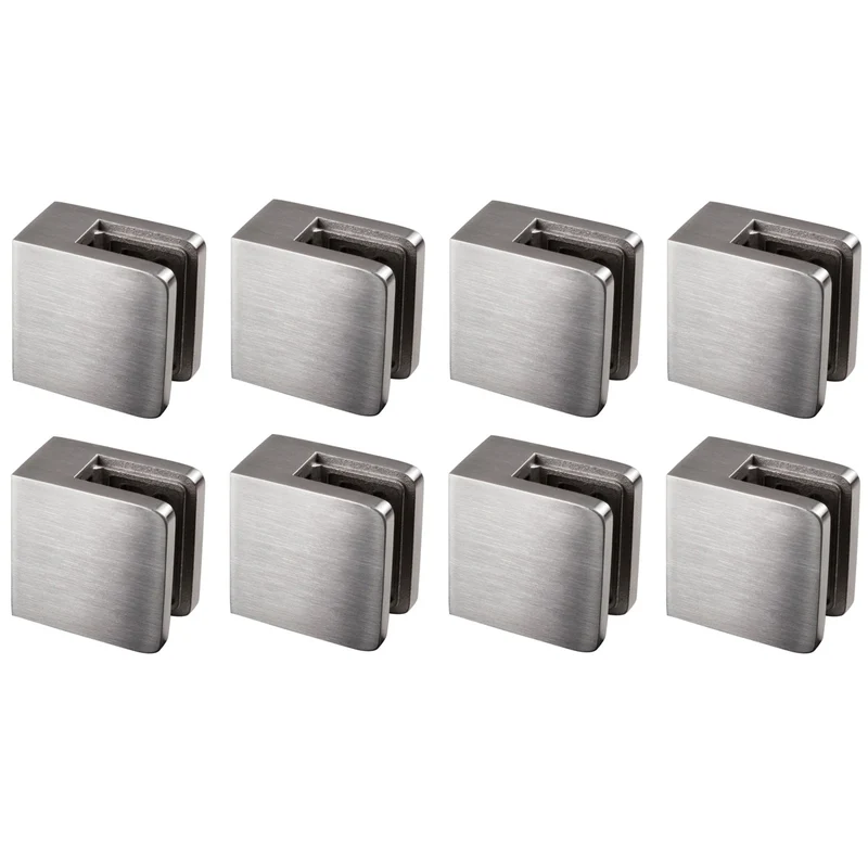 8x Edelstahl Glashalter eckig für 10 mm Glas - Glasklemme flach für gerade Flächen Geländer Sicherung
