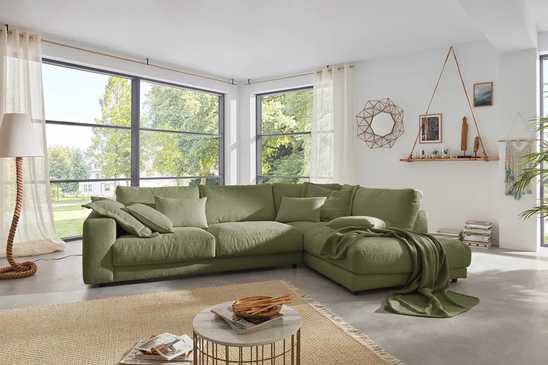 KAWOLA Sofa MADELINE Ecksofa mit Recamiere Cord olivgrün