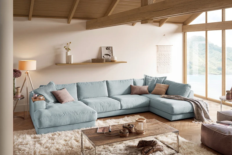 KAWOLA Sofa MADELINE Wohnlandschaft U-Form Cord hellblau