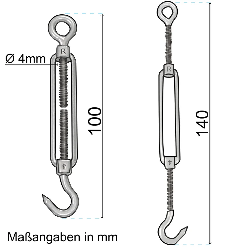 Edelstahl Spannschloss Spannschraube D-4mm - M4 - Öse+Haken - V2A - Seilspanner Segelspanner für Drahtseil - 10-14cm lang Wantenspanner Bruchlast 100 kg
