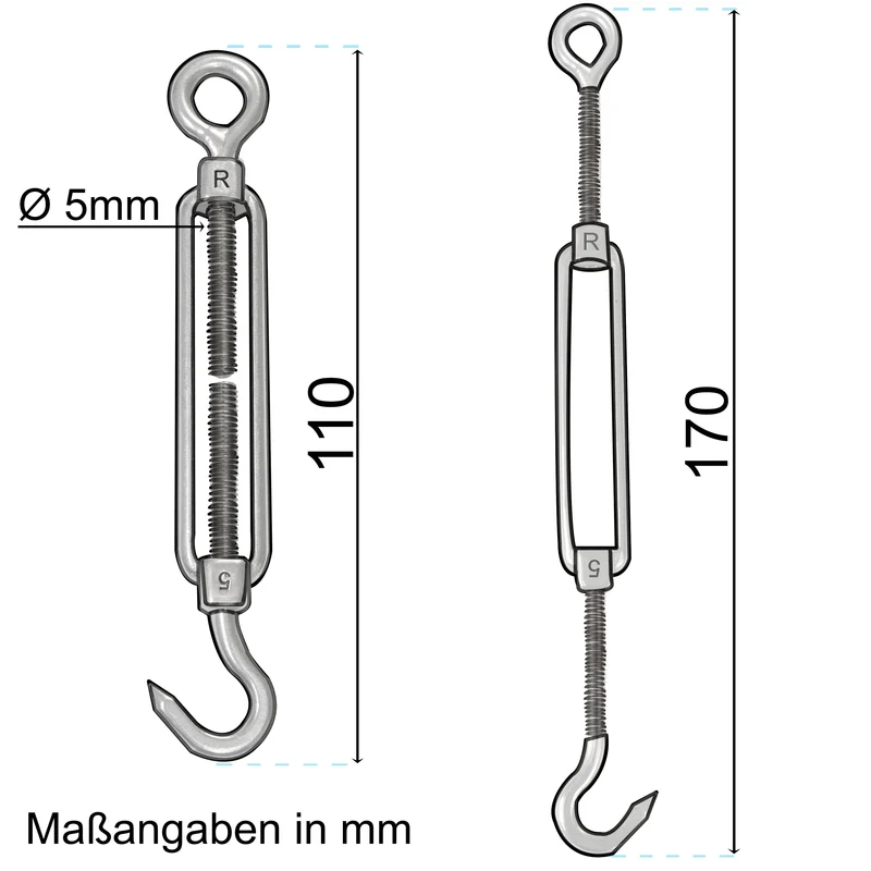 Edelstahl Spannschloss Spannschraube D-5mm - M5 - Haken+Öse - V2A - Seilspanner Segelspanner für Drahtseil - 11-17cm lang Wantenspanner Bruchlast 130kg