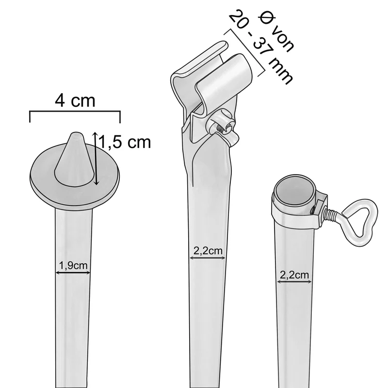 Stahl Sturmstange Zeltstange - mit Fuß und Klemme - teleskopierbar 210-290cm - Ø22/19mm 3 Teile leicht stabil Ersatz Gestänge Zelt Vorzelt Camping Zubehör Teleskopstange Aufstellstange