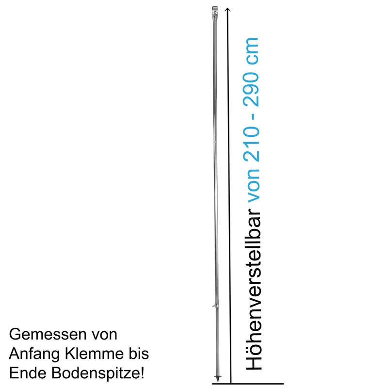 Stahl Sturmstange Zeltstange - mit Fuß und Klemme - teleskopierbar 210-290cm - Ø22/19mm 3 Teile leicht stabil Ersatz Gestänge Zelt Vorzelt Camping Zubehör Teleskopstange Aufstellstange