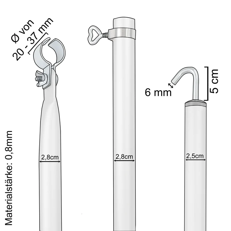 Aluminium Dachhakenstange Zeltstange - mit Klemme und Haken - teleskopierbar 210-290 cm - Ø28/25 mm 3 Teile - leicht stabil Ersatz Gestänge Zelt Vorzelt - Camping Teleskopstange Dachstange