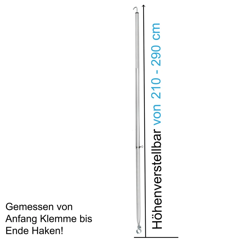 Aluminium Dachhakenstange Zeltstange - mit Klemme und Haken - teleskopierbar 210-290 cm - Ø28/25 mm 3 Teile - leicht stabil Ersatz Gestänge Zelt Vorzelt - Camping Teleskopstange Dachstange