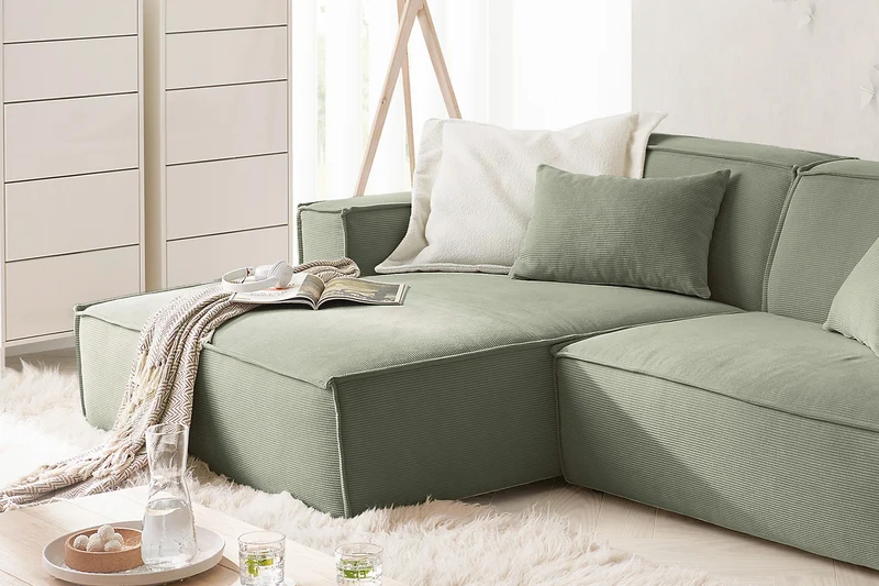 KAWOLA Sofa SAMU Ecksofa Feincord olivgrün