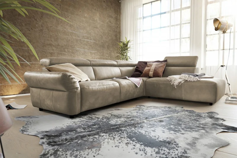 KAWOLA Sofa RISO Ecksofa mit motorischer Sitztiefenverstellung Leder grau