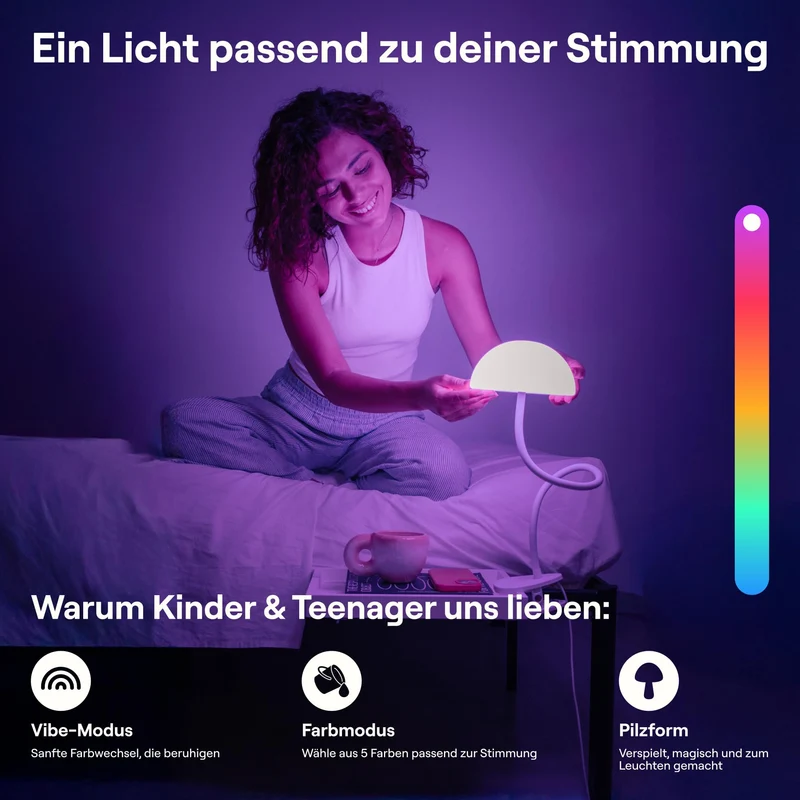 Smallish Shroommate Verstellbare Clip On Bed Light Nachttischlampe, Leselampe für Kinderzimmer, Schreibtisch, Kopfteil des Bettes, LED-Multicolor-Wechsel mit Adapter (Weiß)