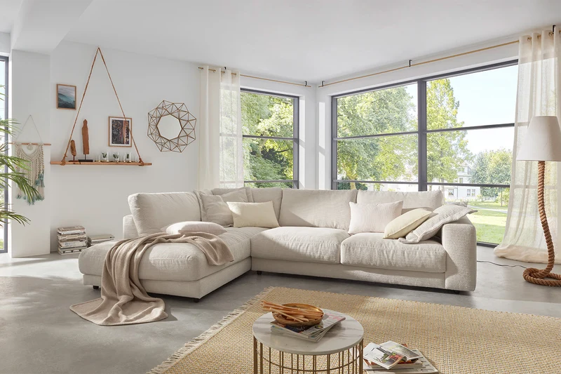 KAWOLA Sofa MADELINE Ecksofa mit Recamiere Cord cremeweiß