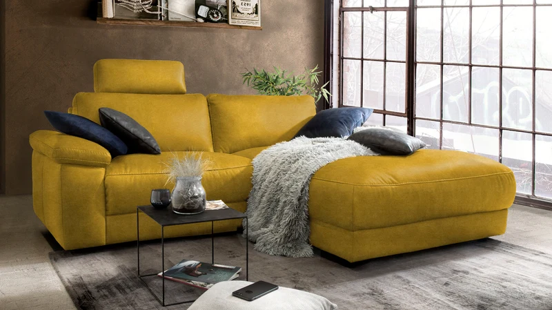 KAWOLA Sofa LOLA Ecksofa Stoff curry mit motorischer Relaxfunktion