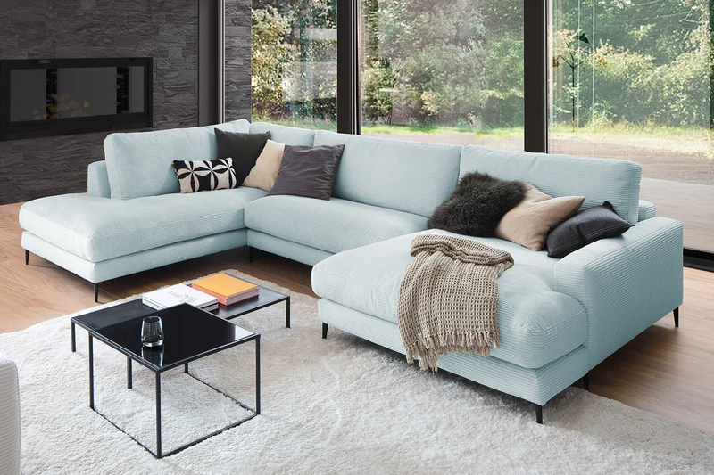 KAWOLA Sofa CARA Wohnlandschaft U-Form Cord hellblau