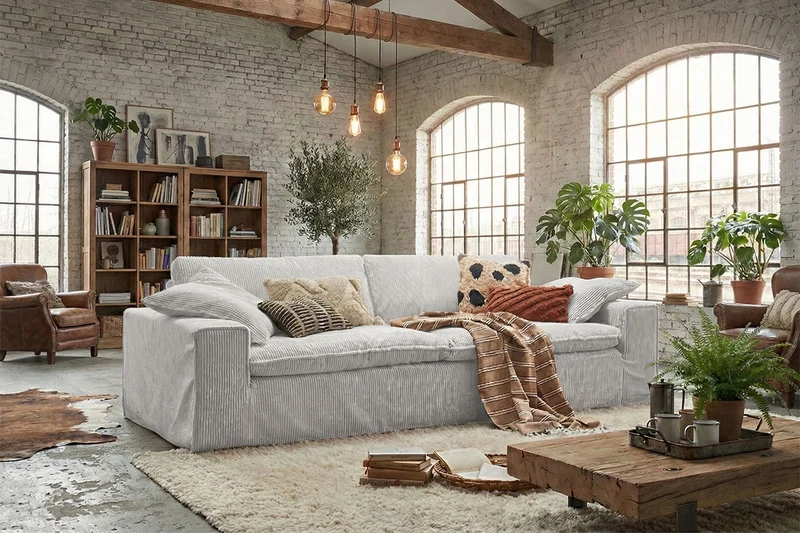 KAWOLA Sofa NETTA 3-Sitzer Bezug abziehbar Cord hellgrau