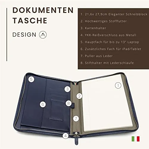Konferenzmappe A4 aus 100% vollnarbiges Leder mit Reißverschluss - handgefertigt in Italien von erfahrenen Handwerkern - Navy