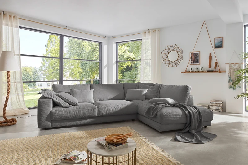 KAWOLA Sofa MADELINE Ecksofa mit Recamiere Cord grau