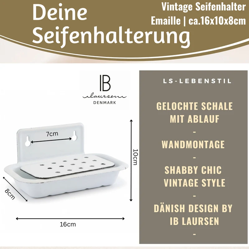IB Laursen Seifenschale Emaille Weiß 16cm mit Ablauf Wandmontage Seifenhalter