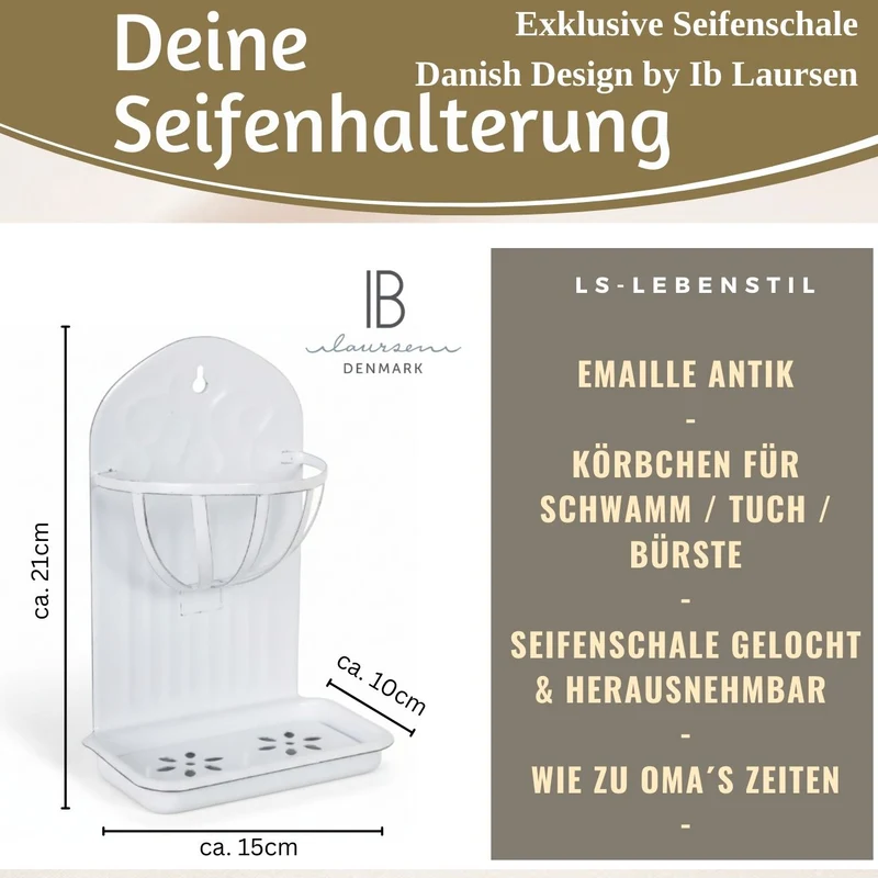 IB Laursen Seifenschale Emaille Weiß 21cm mit Ablauf Wandmontage Seifenhalter