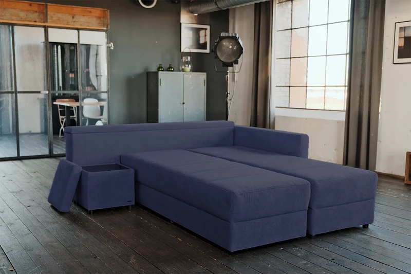 KAWOLA Schlafsofa IDA Sofa Boxspringbett Stoff dunkelblau mit Topper