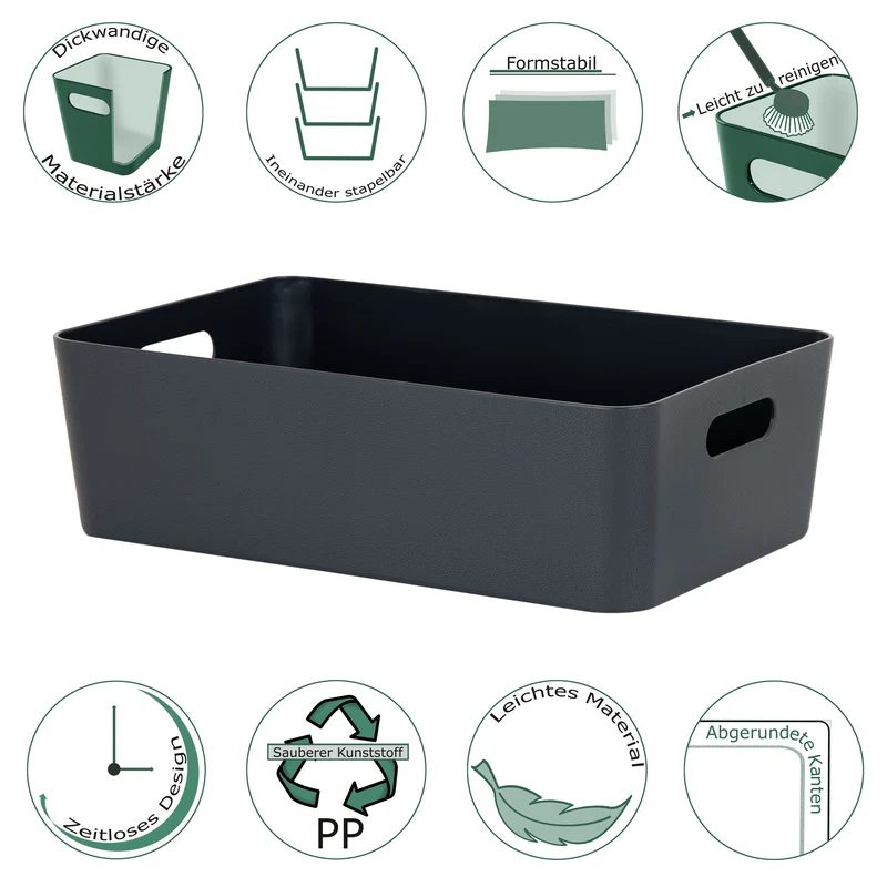 Ordnungsbox mit Beschriftungsclips anthrazit - 39,5x24,5x12cm - in Lederoptik - Schubladenorganizer Ordnungskorb Organizerbox - Ordnungssystem