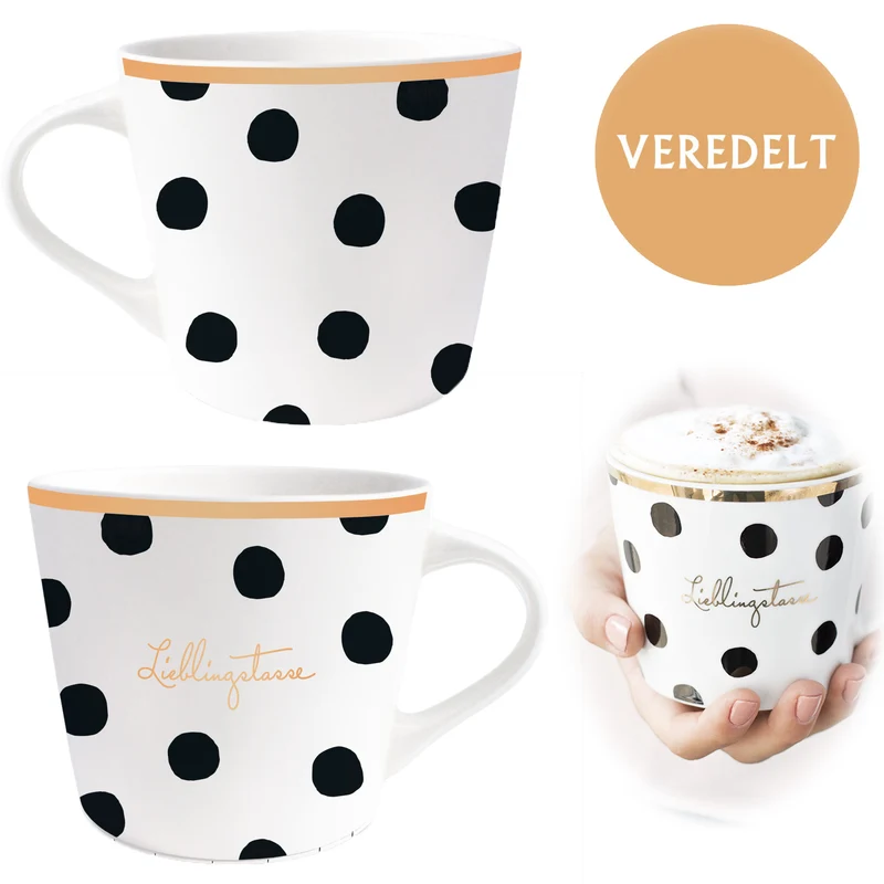 Kaffeebecher 420ml Echt-Gold Spruch "Lieblingstasse" Schwarz Weiß Kaffeetasse