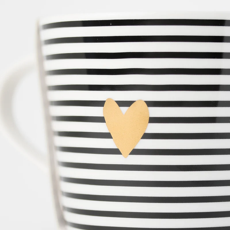 Kaffeebecher 420ml Echt-Gold Motiv "Goldenes Herz" Schwarz Weiß Kaffeetasse