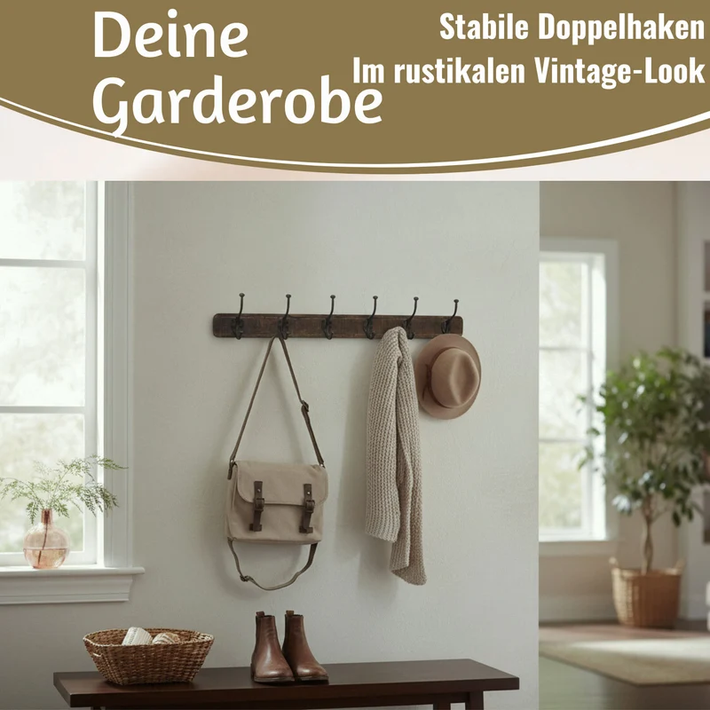 Vintage Teak Holz Wandgarderobe 80cm 6/12 Haken Jackenhalter Braun Garderobenleiste