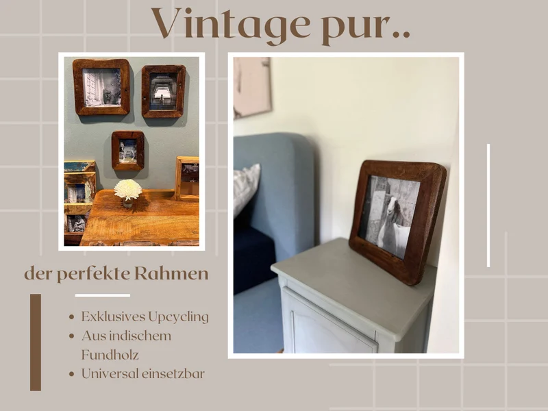Vintage Bilderrahmen Dehli 20x20cm ♻️ Fund-Holz Recycelt Fotorahmen Retro