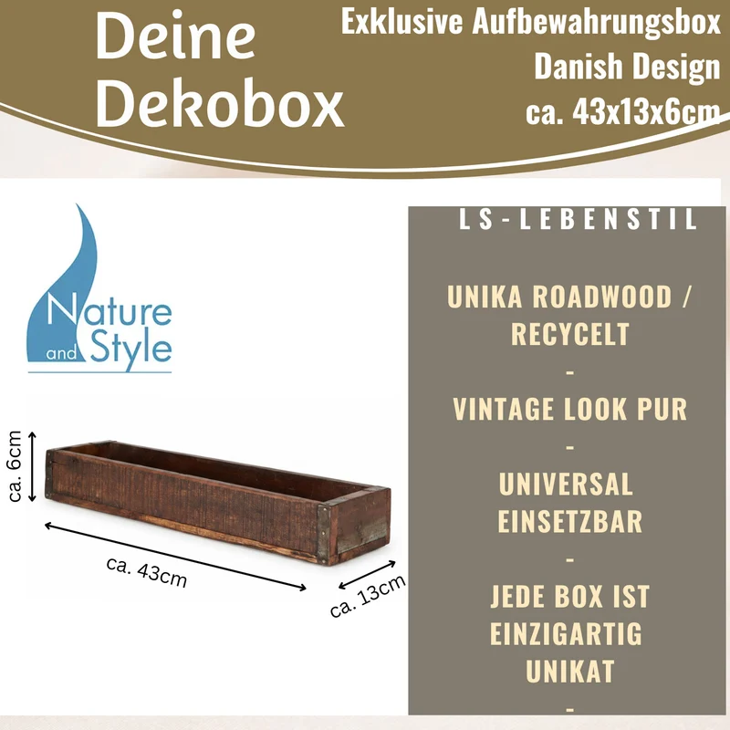 Vintage Holz Aufbewahrungsbox 43x13x6cm Recycelt Unika Braun Dekokiste