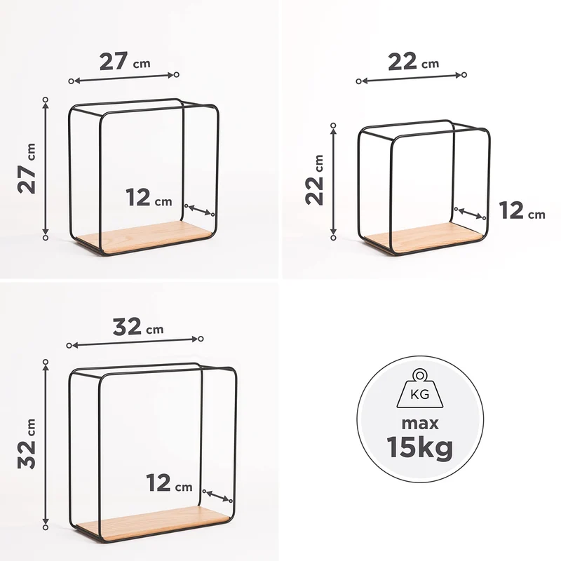 Kazai. Wandregal-Set -Jona- | 3-Teiliges Hängeregal aus Metall und Echtholz-Veneer | Wanddeko und Ablage für Bad, Wohnzimmer, Küche, Schlafzimmer und mehr | Eiche
