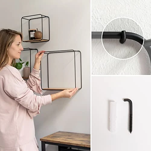 Kazai. Wandregal-Set -Jona- | 3-Teiliges Hängeregal aus Metall und Echtholz-Veneer | Wanddeko und Ablage für Bad, Wohnzimmer, Küche, Schlafzimmer und mehr | Eiche