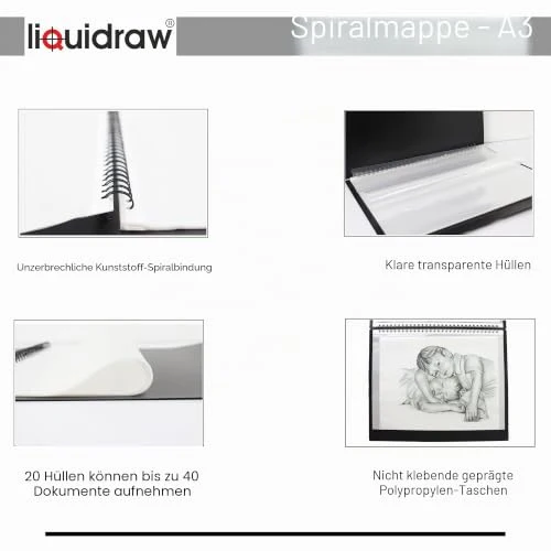 Liquidraw A3 Kunst-Portfolio-Hülle für Künstler mit 20 Hüllen Einlagen Aufbewahrung Spiralordner Portfolio Ordner für Künstler, Architekten, Zeichnen, Malen, Dokumente und professionelle Dateien