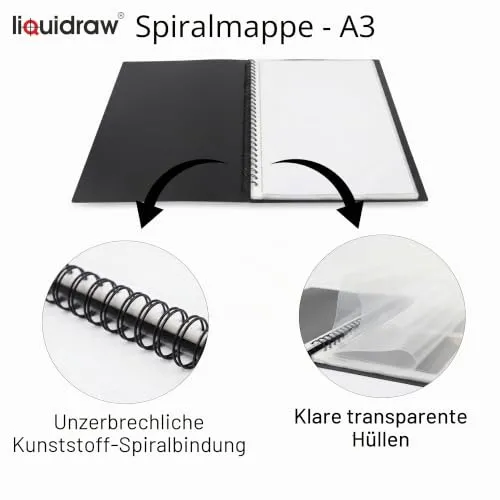 Liquidraw A3 Kunst-Portfolio-Hülle für Künstler mit 20 Hüllen Einlagen Aufbewahrung Spiralordner Portfolio Ordner für Künstler, Architekten, Zeichnen, Malen, Dokumente und professionelle Dateien