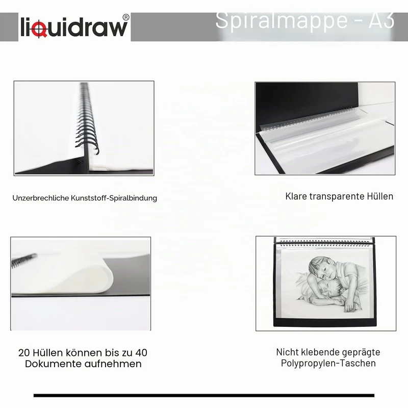 Liquidraw A3 Kunst-Portfolio-Hülle für Künstler mit 20 Hüllen Einlagen Aufbewahrung Spiralordner Portfolio Ordner für Künstler, Architekten, Zeichnen, Malen, Dokumente und professionelle Dateien
