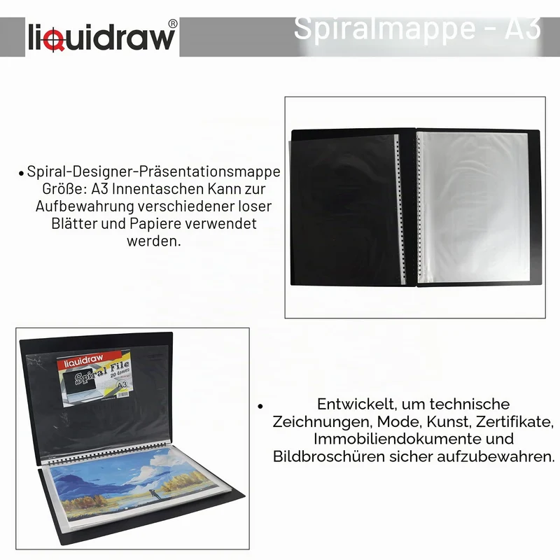 Liquidraw A3 Kunst-Portfolio-Hülle für Künstler mit 20 Hüllen Einlagen Aufbewahrung Spiralordner Portfolio Ordner für Künstler, Architekten, Zeichnen, Malen, Dokumente und professionelle Dateien
