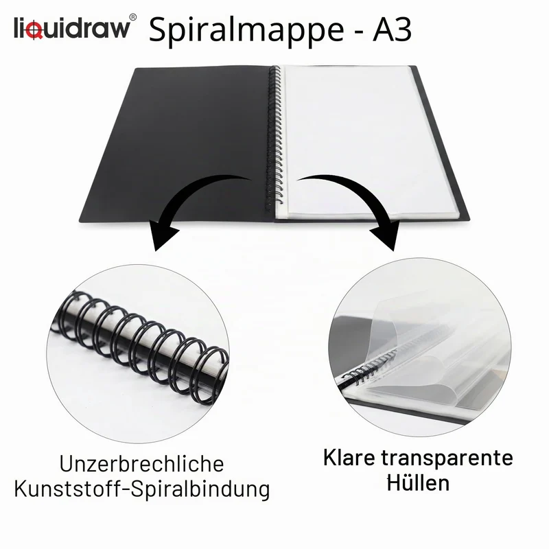 Liquidraw A3 Kunst-Portfolio-Hülle für Künstler mit 20 Hüllen Einlagen Aufbewahrung Spiralordner Portfolio Ordner für Künstler, Architekten, Zeichnen, Malen, Dokumente und professionelle Dateien