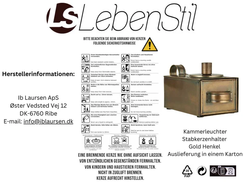 IB Laursen Kammerleuchter Gold Henkel 20cm Rund Stabkerzenhalter Kerzenständer