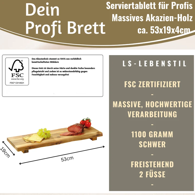 XL Vesperbrett Servierbrett 53cm Akazie Schneidebrett Serviertablett auf Füßen
