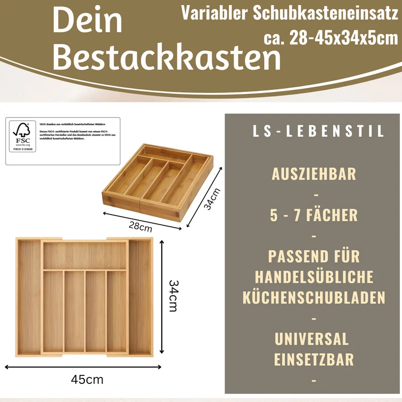 Holz Schubladeneinsatz Besteckkasten 28-45cm ausziehbar Besteckbox Organizer