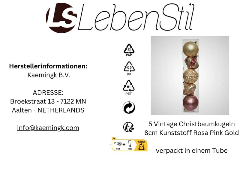 5 Vintage Christbaumkugeln 8cm Kunststoff Rosa Pink Gold Weihnachtskugeln