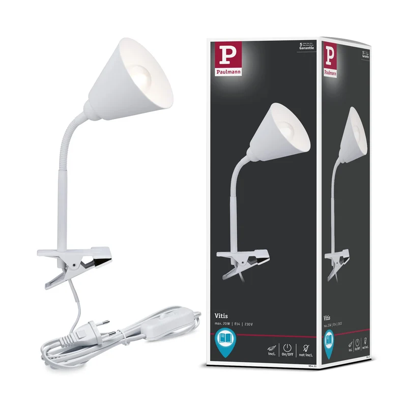 Paulmann 95431 Klemmleuchte Vitis mit Flexarm rund max. 20 Watt Lampe Schnurschalter Weiß Metall, Kunststoff E14 ohne Leuchtmittel