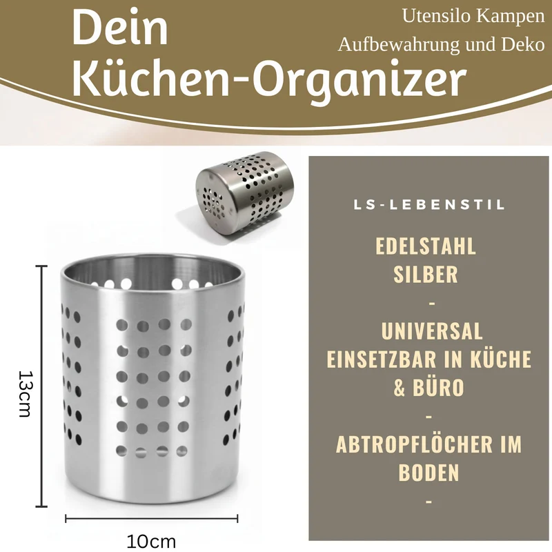 Besteckständer Edelstahl 13x10cm Silber Küchen-Utensilienhalter Besteckbehälter
