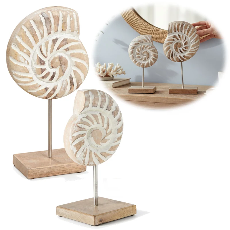Deko Objekt Set 2x Muscheln Sylt Mango Holz Sockel Säule Maritim Grau Weiß