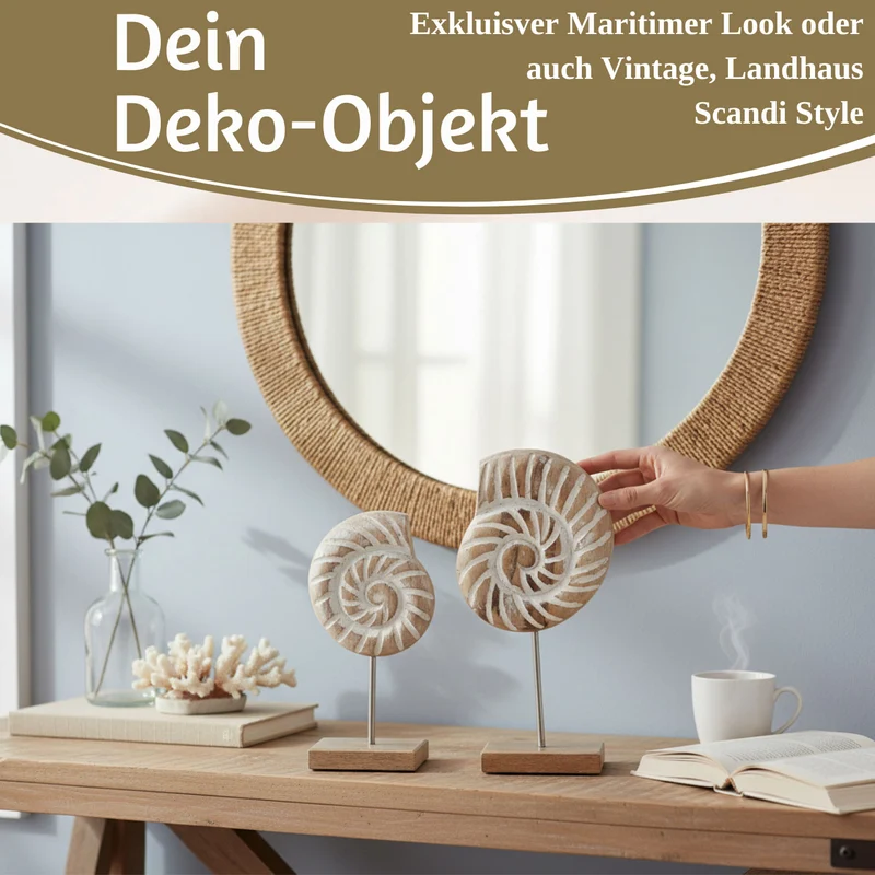 Deko Objekt Set 2x Muscheln Sylt Mango Holz Sockel Säule Maritim Grau Weiß