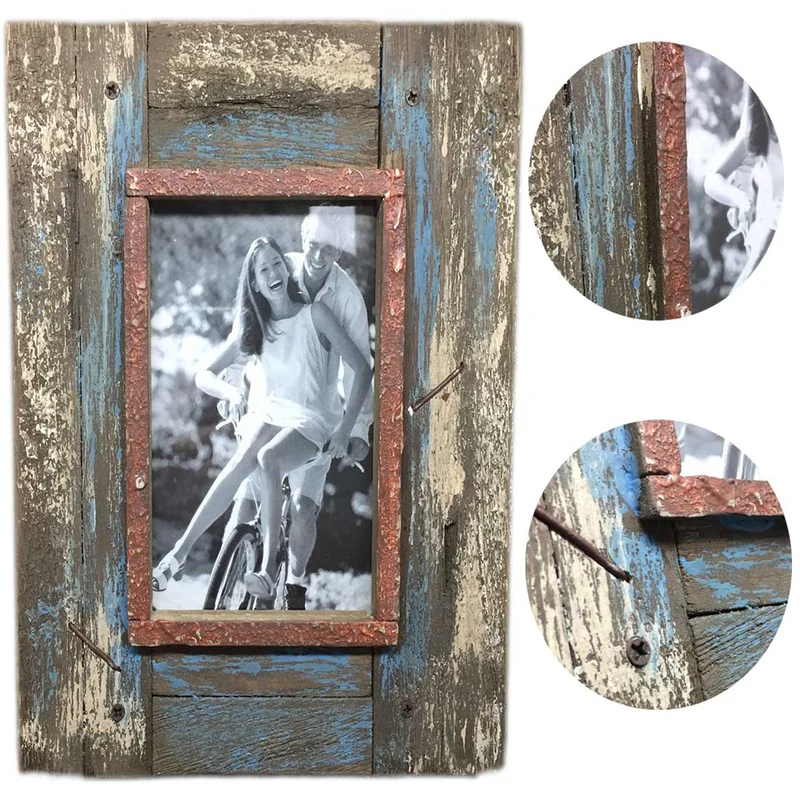 Vintage Holz Bilderrahmen 10x15cm Recycelt Grau Blau Aufsteller Fotorahmen