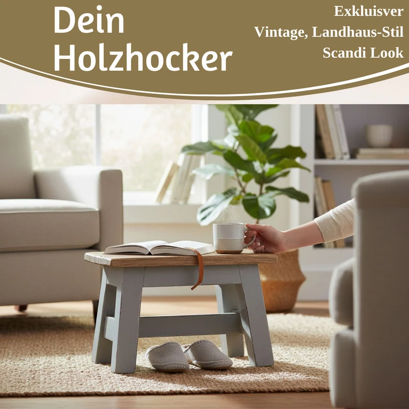 Vintage Holz Fußhocker Grau 30cm Tritthocker Schemel Fußbank Bänkchen