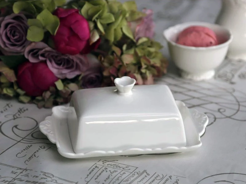 Vintage XL Porzellan Butterdose 19cm Weiß Deckel 250g Butterglocke Butterschale
