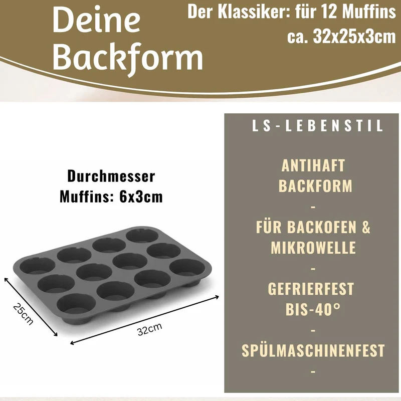 Silikon Muffinform 33x25cm für 12 Muffins Backform Muffinblech Cupcake Brownie