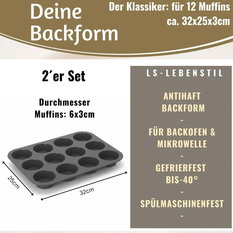 2x Silikon Muffinform 33x25cm für 12 Muffins Backform Muffinblech Cupcake Brownie