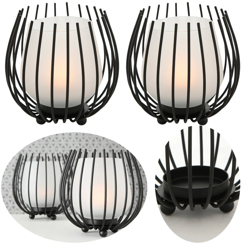 2x Eisen Windlicht Gläser Schwarz Set Milch-Glas Teelichthalter Teelichtglas
