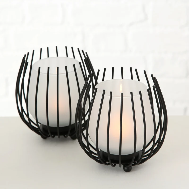 2x Eisen Windlicht Gläser Schwarz Set Milch-Glas Teelichthalter Teelichtglas