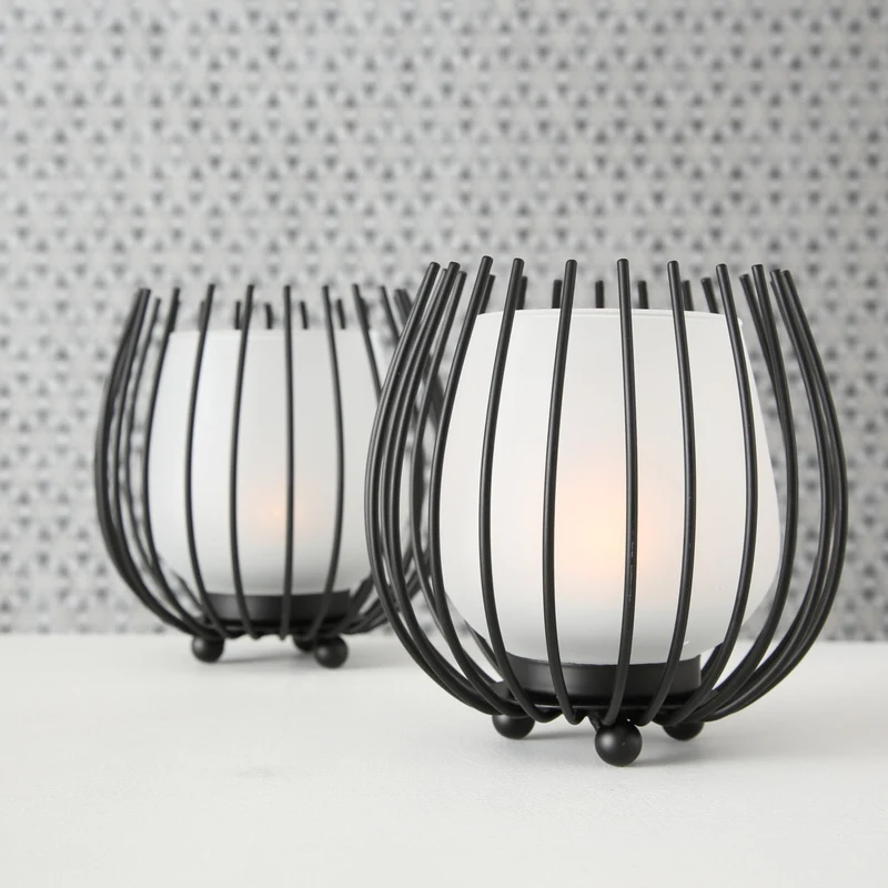 2x Eisen Windlicht Gläser Schwarz Set Milch-Glas Teelichthalter Teelichtglas